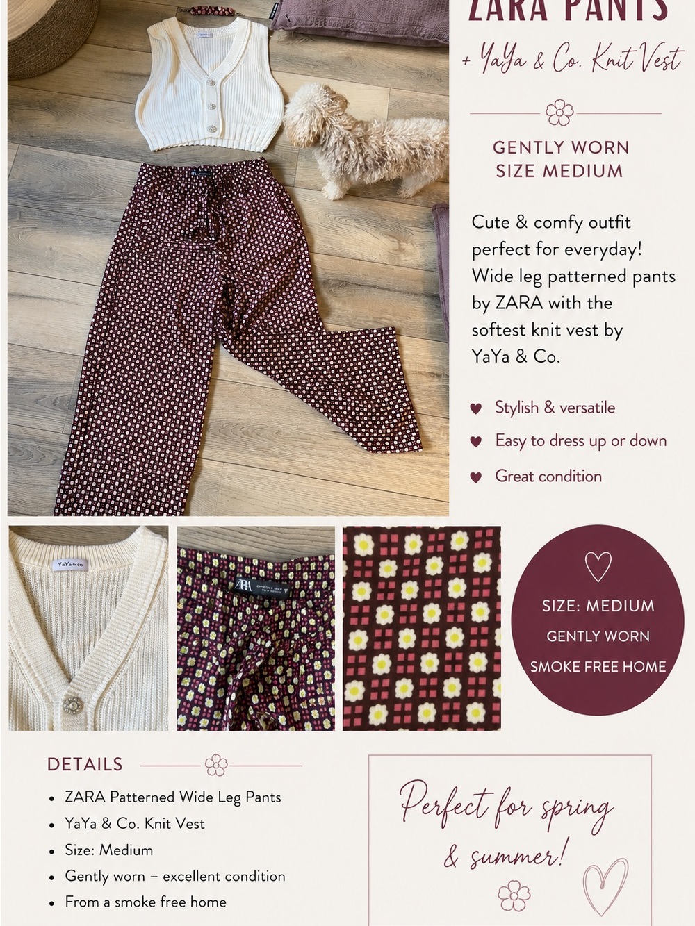 Zara Burgundy Wide-Leg Patterned Pants